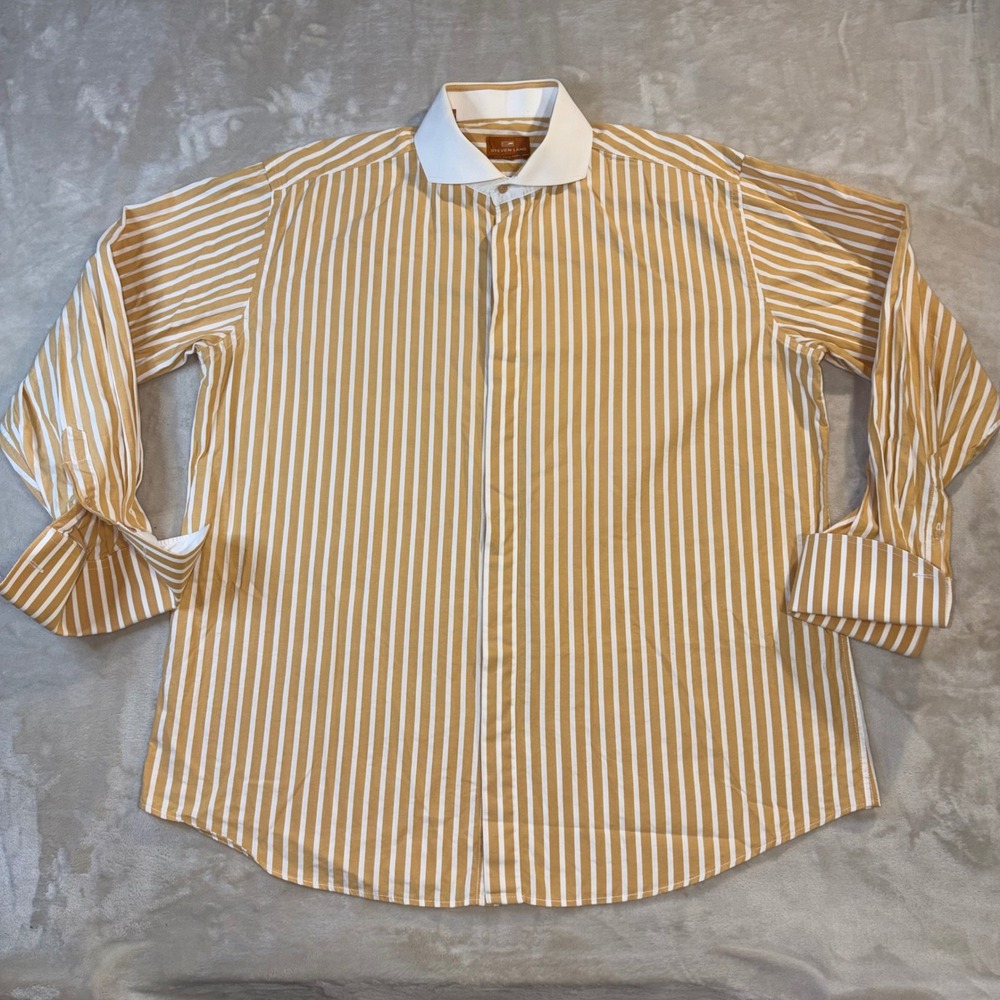 Steven Land Mens Mustard Yellow Stripe Dress Shirt 17 34/35 Club Collar Cotton